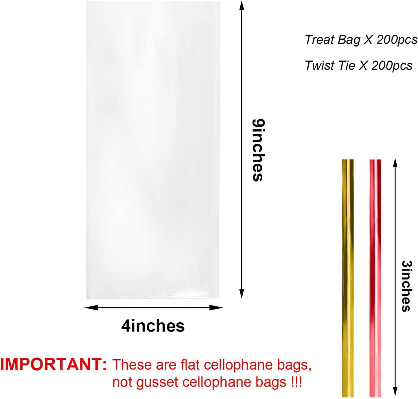 Cello Cellophane Treat Bags,5x7 Inches Clear Cellophane Bags 200 Pcs OPP Plastic Treat Bags with 200 Twist Ties for Gift Wrapping,Packaging Candies,Dessert,Bakery, Cookies, Chocolate,Party Favor