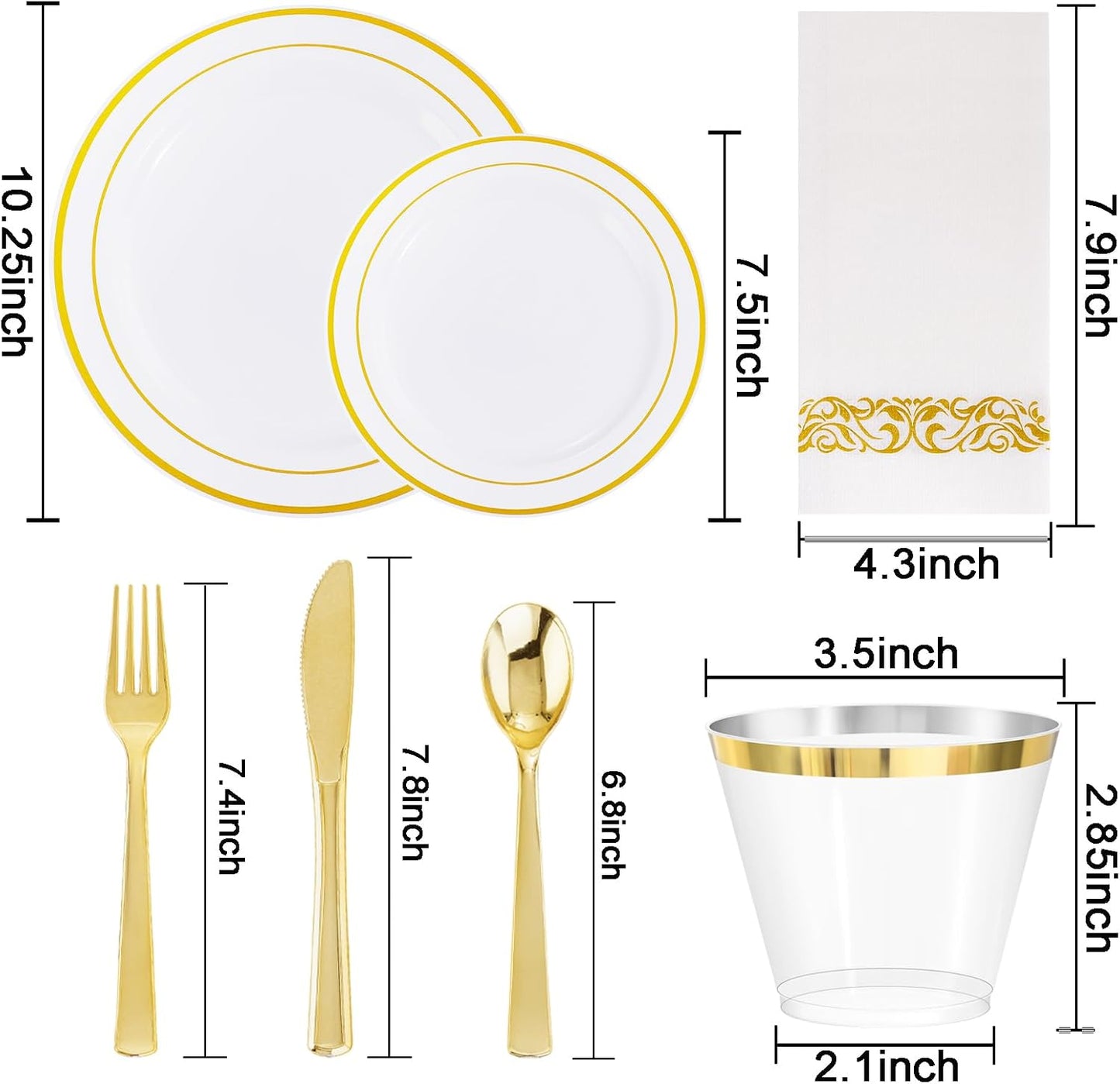 WELLIFE 350-Piece Gold Disposable Plates and Cutlery Set - Premium 10.25" Dinner Plates, 7.5" Dessert Plates, 9oz Cups & Cutlery for Weddings, Catering Events - 50 Guest Service - Elegant & Sturdy