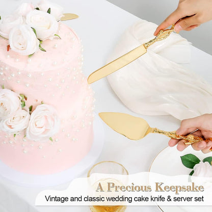 Cake Cutting Set for Wedding, Personalized Gold Cake Knife and Server Set, Custom Cake Serving Set, Engraved Pastry Pie Server Cake Pizza Cutter, Birthday Bridal Gift (F-Classic)