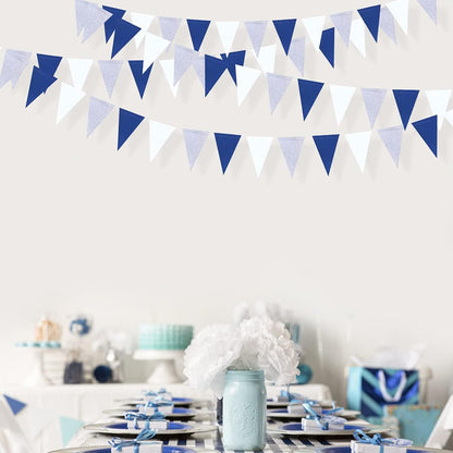 30Ft Navy Blue Gold and Beige Party Decorations Royal Blue Gold Triangle Flag Pennant Banner Bunting for Graduation Birthday Wedding Bridal Shower Nautical Ahoy Achor Theme Party Decorations Supplies