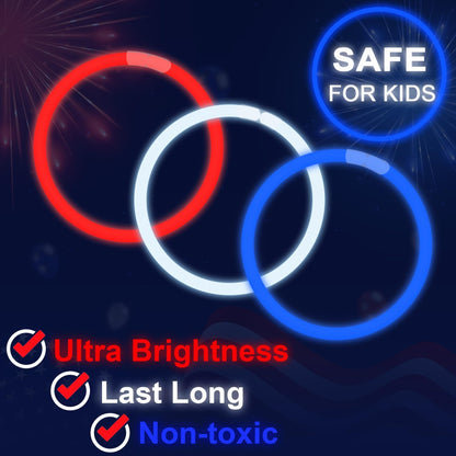 Bulk Patriotic Red White Blue glow sticks 300 PCS,Light up Bracelets Necklaces Accessories for Kids,Glow Party Favors Supplies Decorations for Independence Day, Fourth 4 of July Parade, Birthday, Pool