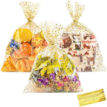 100 Pcs Star Printed 5"X 7" Gift Wrap Cello Cellophane Treat Bags Party Favor bags Clear Candy Cookie Bag Plastic Poly Goodie Storage Bag with Twist Ties for Bakery,Birthday, Wedding ,Party Decorations (Gold)