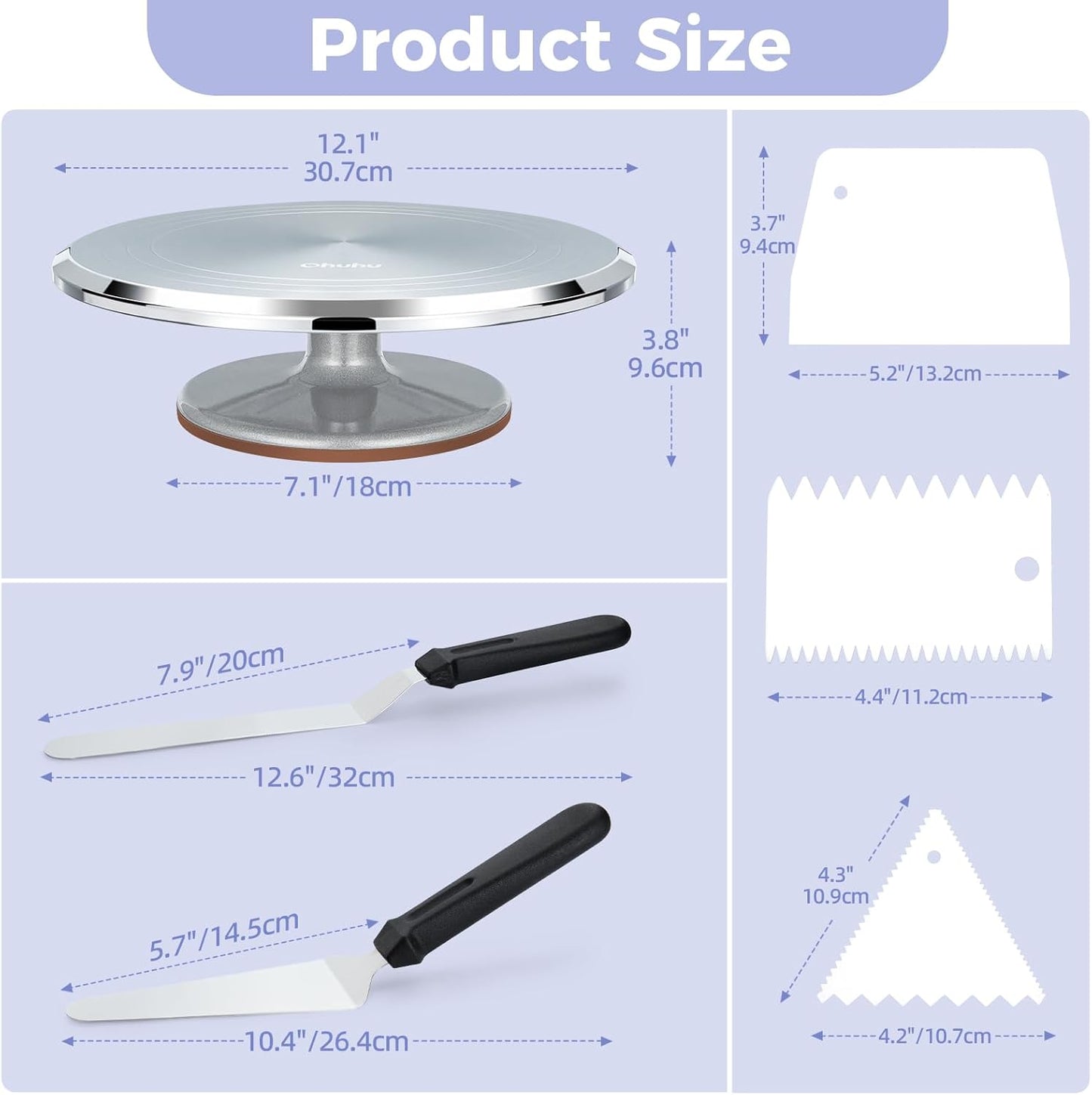 Cake Turntable, Ohuhu Aluminium 12'' Cake Decorating Kit Supplies Rotating Stand Revolving Spinner with 2 Icing Spatula 3 Comb Smoother