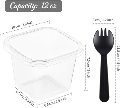 Kucoele 50 Pack 8 oz Plastic Dessert Cups with Lids and Sporks, Clear Square Cake Cups Dessert Containers for Pudding Parfait Fruit Yogurt and Shortcake