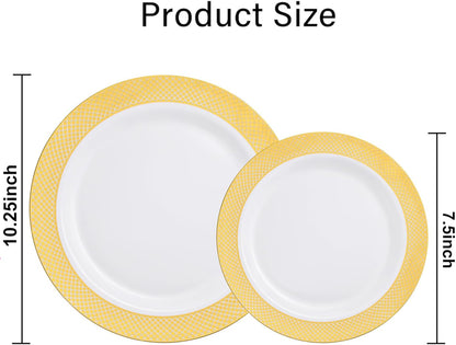 I00000 102 Pieces Gold Plastic Plates, Disposable Party Plates White Gold Rim, 51 Disposable Gold Dinner Plates 10.25 Inch and 51 Disposable Dessert Appetizer Elegant Fancy Wedding Plates 7.5 Inch