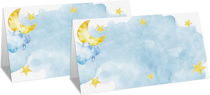 Table Place Card for Baby Shower, 25 Pcs Tent Cards Set with Moon and Stars Design, Editable Name Cards for Table Seating, Sleepover Party Food Lables, Twinkle Little Star Baby Shower Decorations(07)