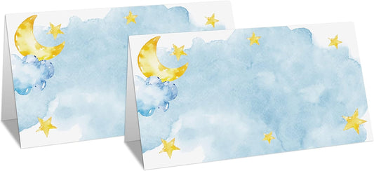 Table Place Card for Baby Shower, 25 Pcs Tent Cards Set with Moon and Stars Design, Editable Name Cards for Table Seating, Sleepover Party Food Lables, Twinkle Little Star Baby Shower Decorations(07)