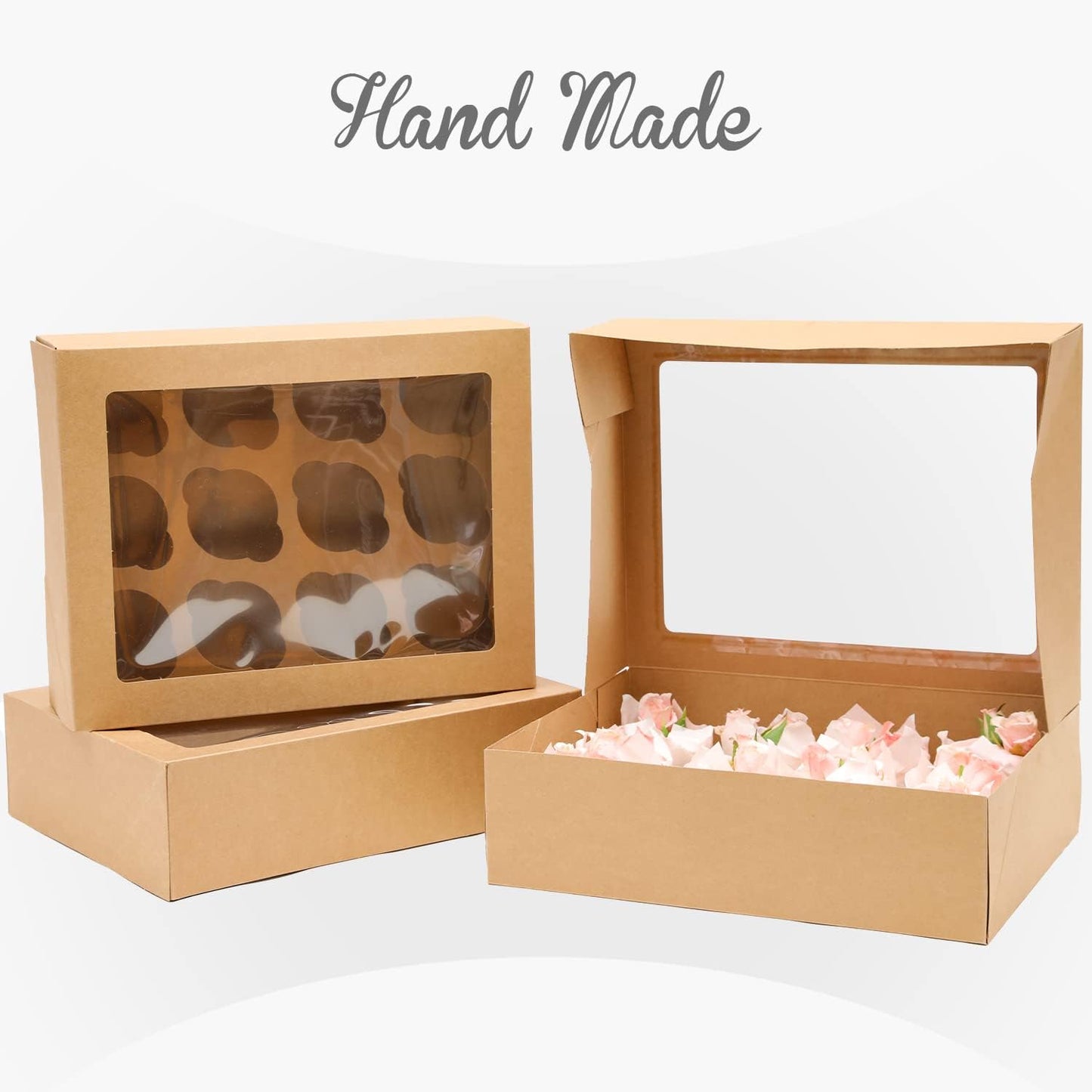 qiqee Auto-pop Up Cupcake Boxes with Window White 40PCS 12 Count Cupcake Box 13"x10"x3.5" Cupcakes Carrier, 12 Cupcake Containers with 2 rolls of pink ribbons