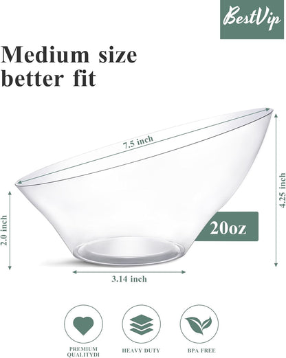 BESTVIP 54oz Clear Plastic Serving Bowls for Party - 12 Pack Angled Disposable Serving Bowls, Party for Chips, Snacks, Fruit, Salad - Bowls for Parties, Daily Use, Catering, Christmas