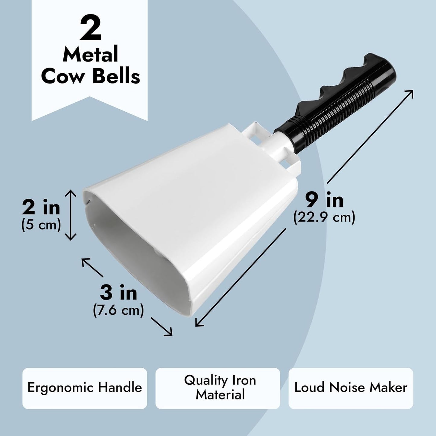 BLUE PANDA Cowbell Noise Maker - 9-Inch, Royal Blue, Pack of 2 - Metal Cowbell Instrument with Ergonomic Handle - Cheering Bell for Stadium Cheers & Celebratory Noise Maker