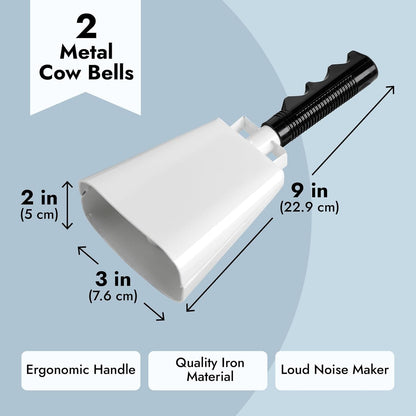 BLUE PANDA Cowbell Noise Maker - 9-Inch, Royal Blue, Pack of 2 - Metal Cowbell Instrument with Ergonomic Handle - Cheering Bell for Stadium Cheers & Celebratory Noise Maker