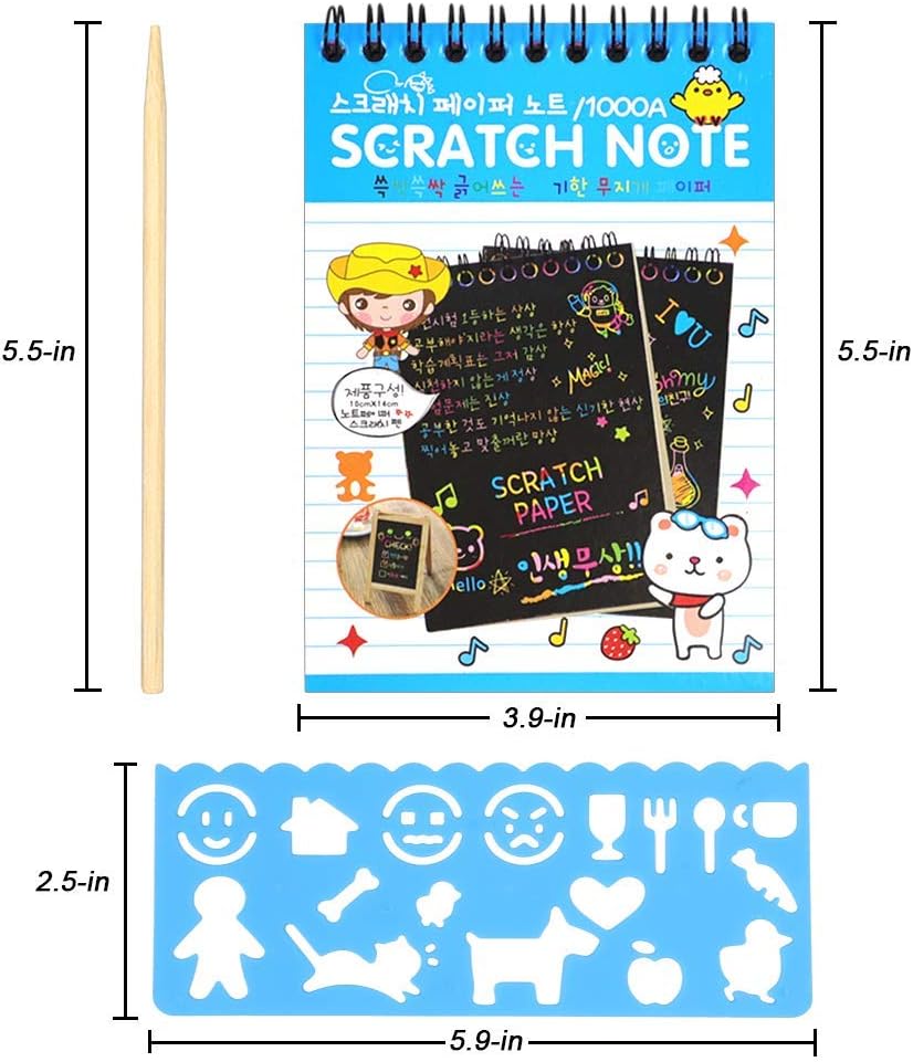 POKONBOY 16 Pack Scratch Arts and Crafts Notebooks, Scratch Note Pads for Kids Rainbow Party Favors Coloring Books for Kids Art Party Supplies Stocking Stuffers（16 Wooden Stylus & 4 Drawing Stencils）