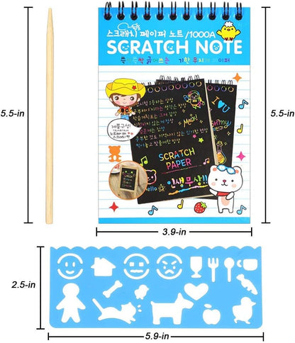 POKONBOY 16 Pack Scratch Arts and Crafts Notebooks, Scratch Note Pads for Kids Rainbow Party Favors Coloring Books for Kids Art Party Supplies Stocking Stuffers（16 Wooden Stylus & 4 Drawing Stencils）