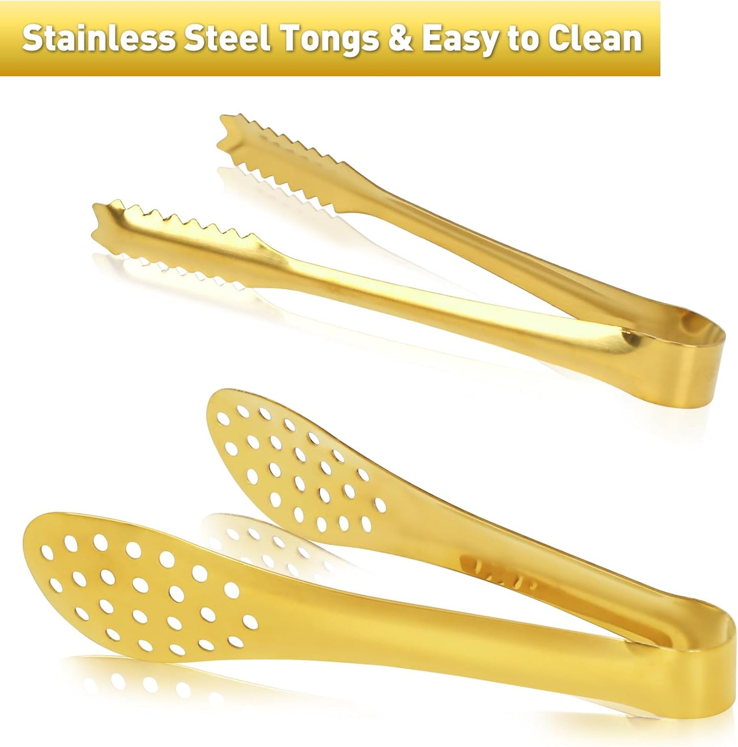 JCREN 12 Pcs Serving Tongs, Small Serving Utensils for Parties Catering Gold Tongs, Food-Grade 304 Stainless Steel Mini Appetizer Tongs for Tea Party Coffee Bar, 4 Inches - Gold