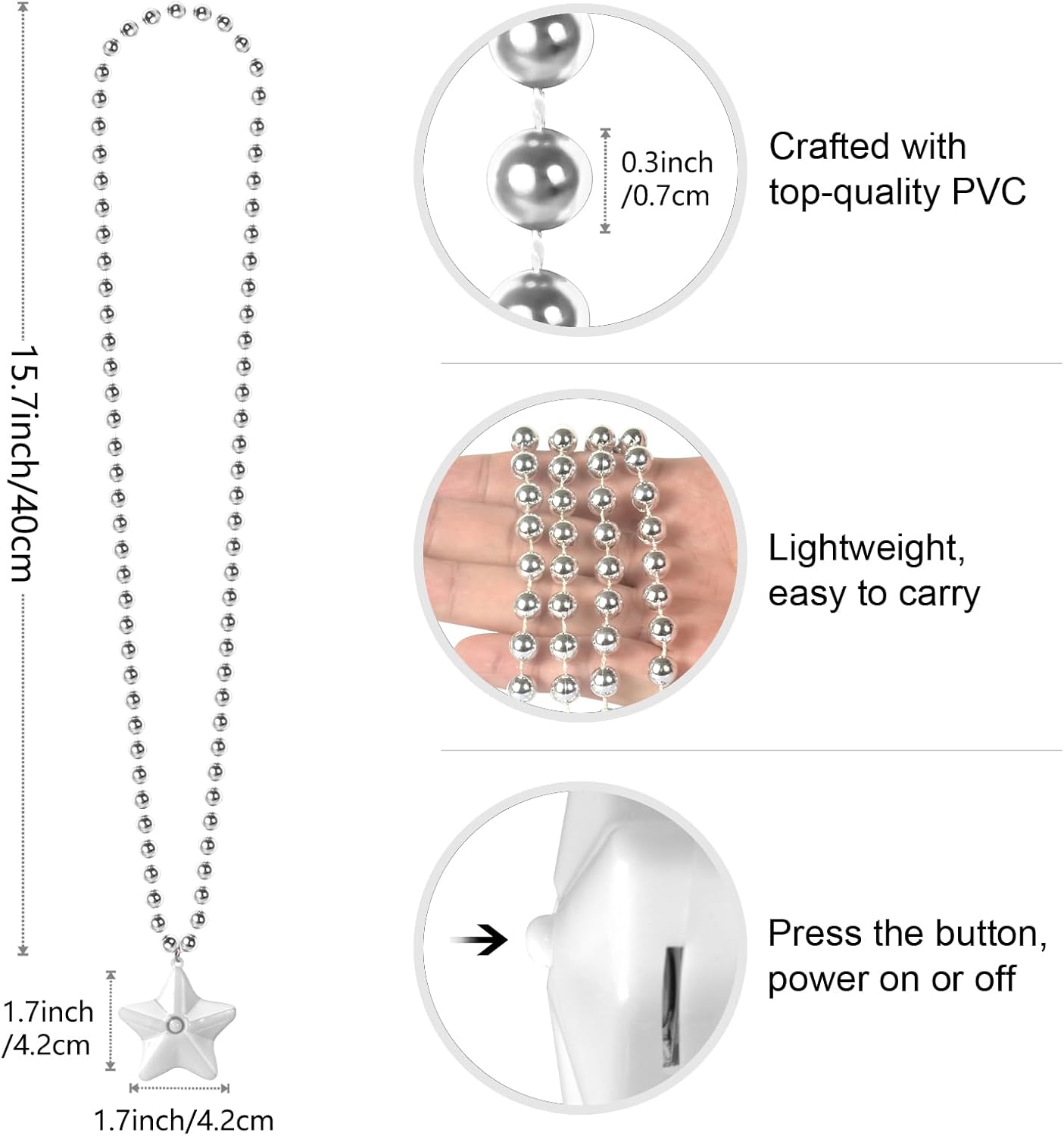 6 Pack Clear LED Glow Star Necklace Bulk Beaded Necklaces for Halloween Christmas Decorations Mardi Gras Party Favors