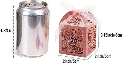 KPOSIYA 100 Pack Wedding Favor Boxes Laser Cut Boxes Party Favor Box Small Gift Boxes Lace Candy Boxes for Wedding Bridal Shower Baby Shower Birthday Party Anniverary with Ribbons (Pink, 100)