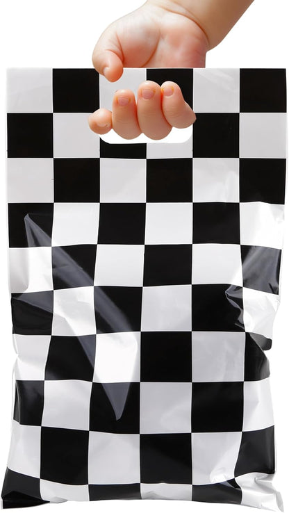 Mikzhskr 30Pcs Race Car Party Favors Bag Goodie bags Racing in Speed Party Decorations Soccer Theme Black and White Checkered Candy Bags with Handles for Kids Race Car Birthday Party Supplies
