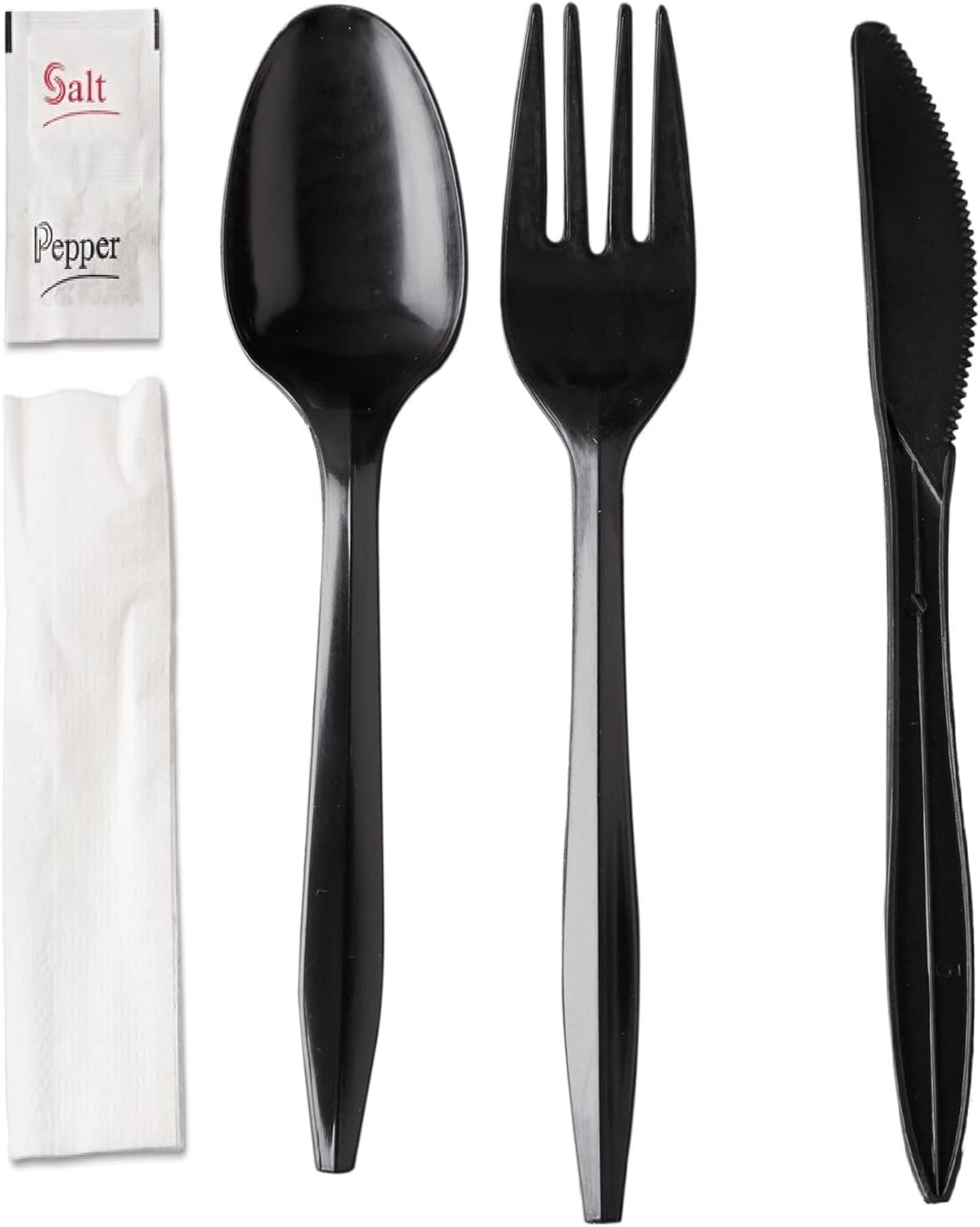 100 Plastic Cutlery Packets - Knife Fork Spoon Napkin Salt Pepper Sets | Black Silverware Sets Individually Wrapped Cutlery Kits, Bulk Plastic Utensil Cutlery Set Disposable To Go Silverware