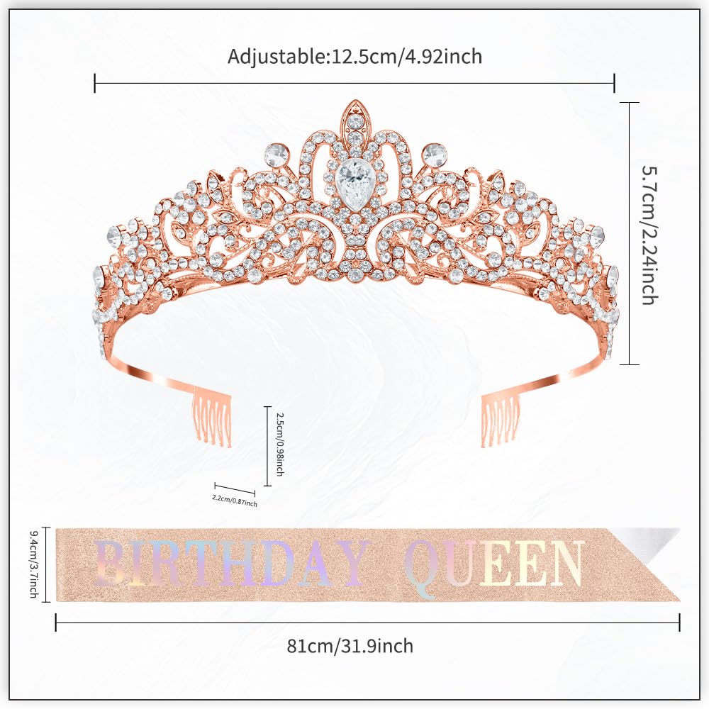 Birthday Sash for Women,Birthday Crown Tiaras for Women,Gold Rhinestone Queen Sash and Crown Tiara Headband for Party Decorations