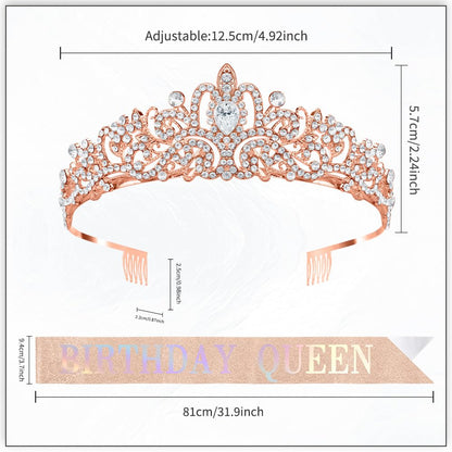 Birthday Sash for Women,Birthday Crown Tiaras for Women,Gold Rhinestone Queen Sash and Crown Tiara Headband for Party Decorations
