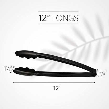 [Black Tongs 7.5'' Inches] Plasticpro 7.5'' Serving Tongs Heavy Duty Reusable Kitchen and BBQ Black Serving Tong for party's, Caterings, Events, Buffet, Weddings, And every Day use Pack of 12