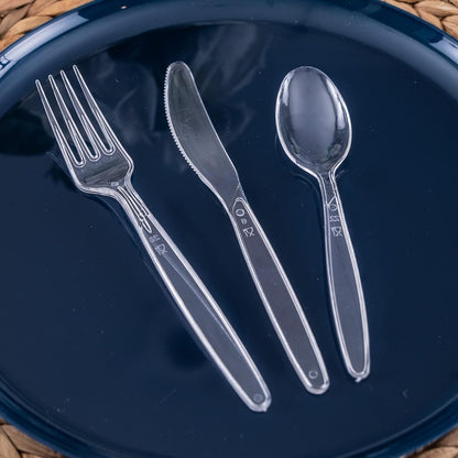 Party Bargains Disposable Cutlery set, SAPPHIRE Design, Clear Color, 360 Pieces: 180 Forks, 120 Spoons, 60 Knives