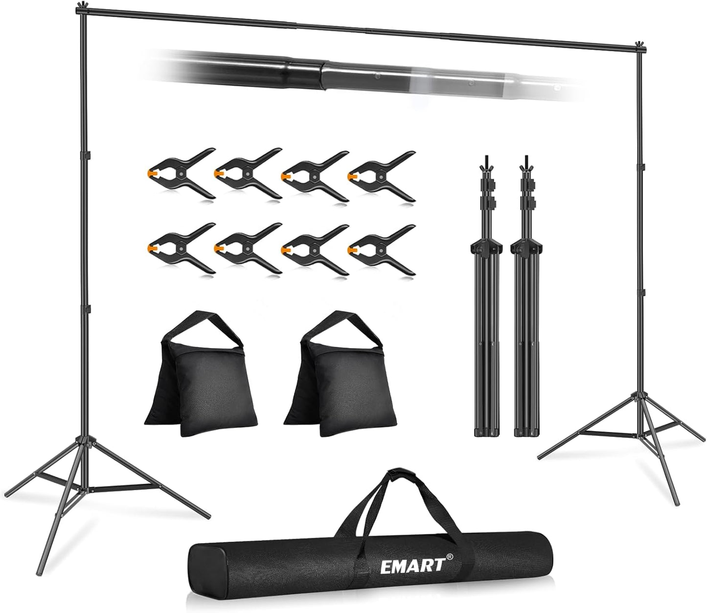 EMART Backdrop Stand 10x7ft(WxH) Photo Studio Adjustable Background Stand Support kit with 2 Crossbars, 8 Clamps, 2 Sandbags and Carry Bag for Parties, Events Decoration, Wedding, Photography -White