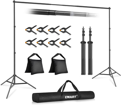EMART Backdrop Stand 10x7ft(WxH) Photo Studio Adjustable Background Stand Support kit with 2 Crossbars, 8 Clamps, 2 Sandbags and Carry Bag for Parties, Events Decoration, Wedding, Photography -White
