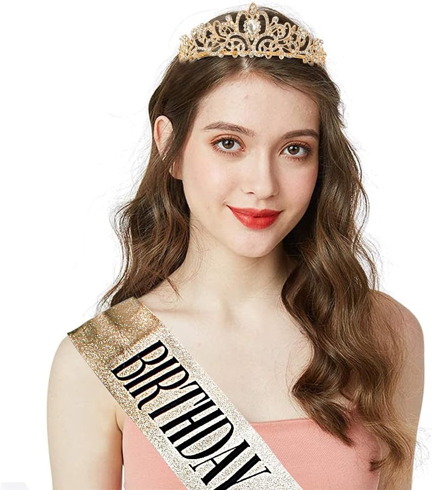 COCIDE Birthday Queen Sash & Rhinestone Tiara Set Gold Happy Birthday Crowns for Women Party Decoration Kit Rhinestone Headband for Women Glitter Crystal Hair Accessories for Cake Topper