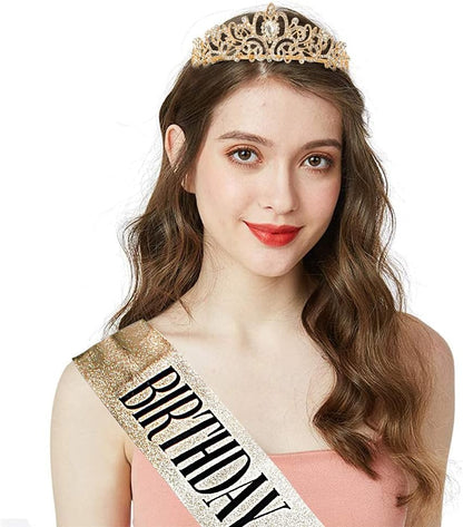COCIDE Birthday Queen Sash & Rhinestone Tiara Set Gold Happy Birthday Crowns for Women Party Decoration Kit Rhinestone Headband for Women Glitter Crystal Hair Accessories for Cake Topper