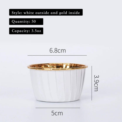 Party Hippo Cupcake Cups, 3.5 Oz 50 pcs Disposable Foil Muffin Liners, Gold Baking Cups, Ramekin Aluminum Cupcake Tip Pan Ramekin Holders, Little Baking Cups (White)
