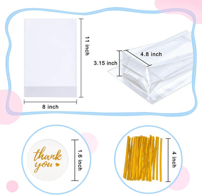 Cellophane Treat Bags, 5x7 Inch Iridescent Cellophane Bags with Thank You Stickers and Twist Ties, Celebrations Baby Showers Weddings Birthday Party Gift Wrapping(Pack of 100)
