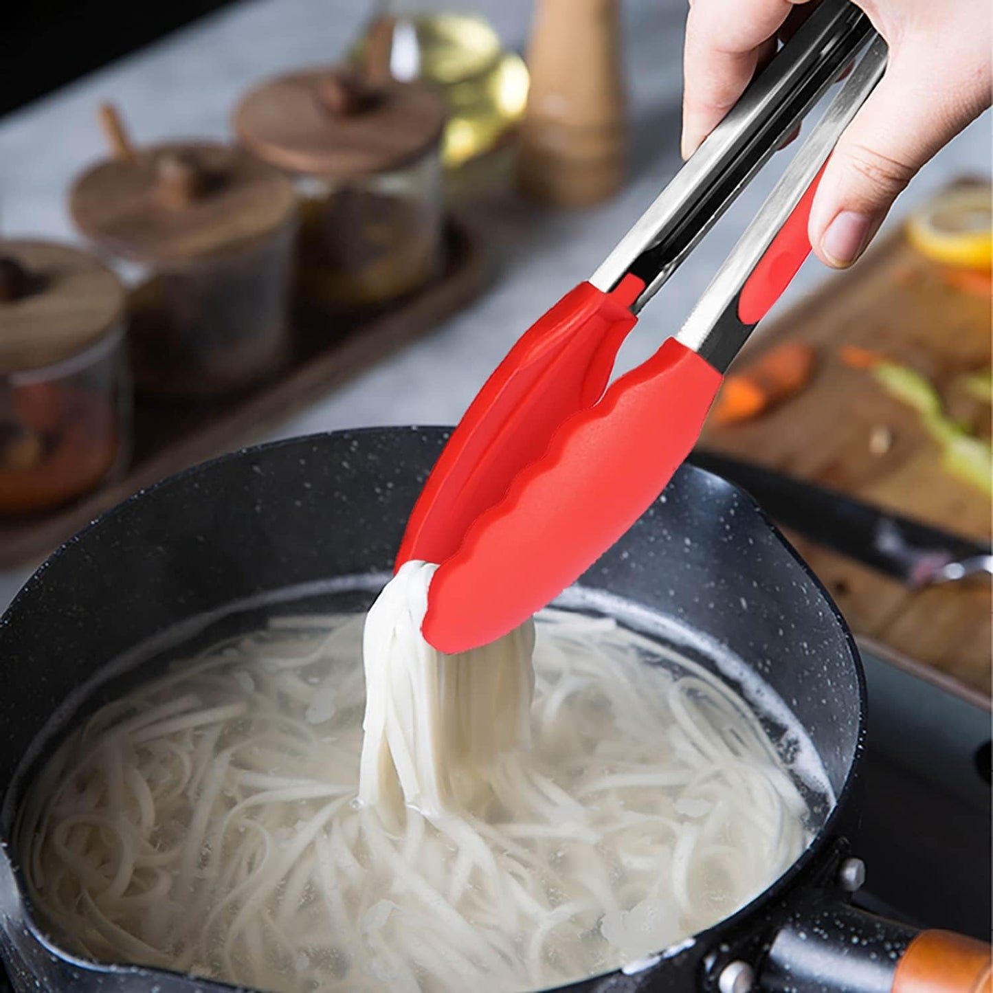 HINMAY Small Silicone Tongs 7-Inch Mini Serving Tongs, Set of 3 (Black Gray White)