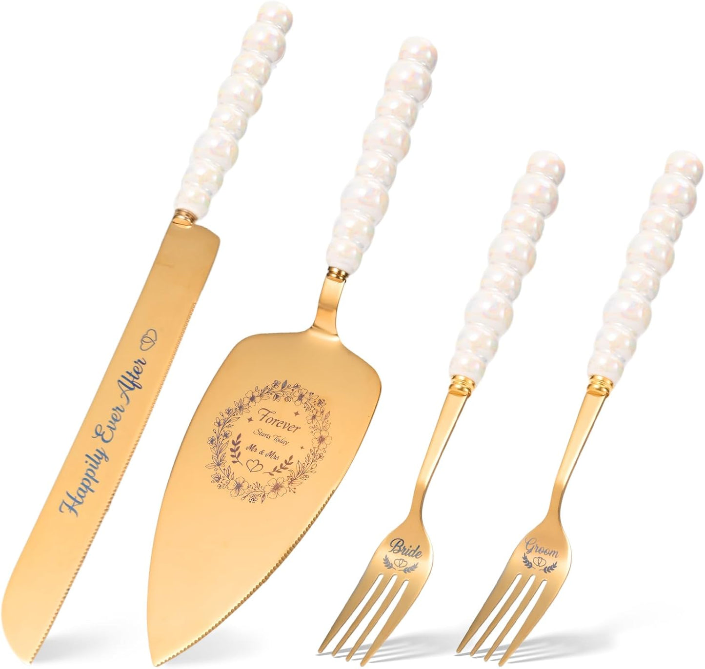 4 Piece Wedding Cake Cutting Set, Knife and Server with Forks, Elegant Wedding Cake Knife and Server Set for Bride and Groom(Gold)