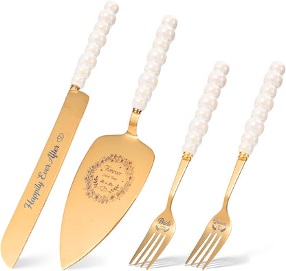 4 Piece Wedding Cake Cutting Set, Knife and Server with Forks, Elegant Wedding Cake Knife and Server Set for Bride and Groom(Gold)