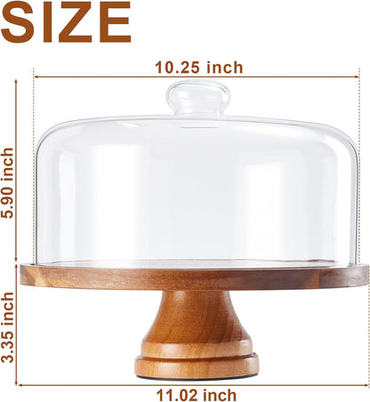 Yangbaga Glass Cake Stand with Lid,11in Wooden Rotating Cake Stand with Dome Cover, Cake Plate Display Server Tray for Birthday Kitchen Party