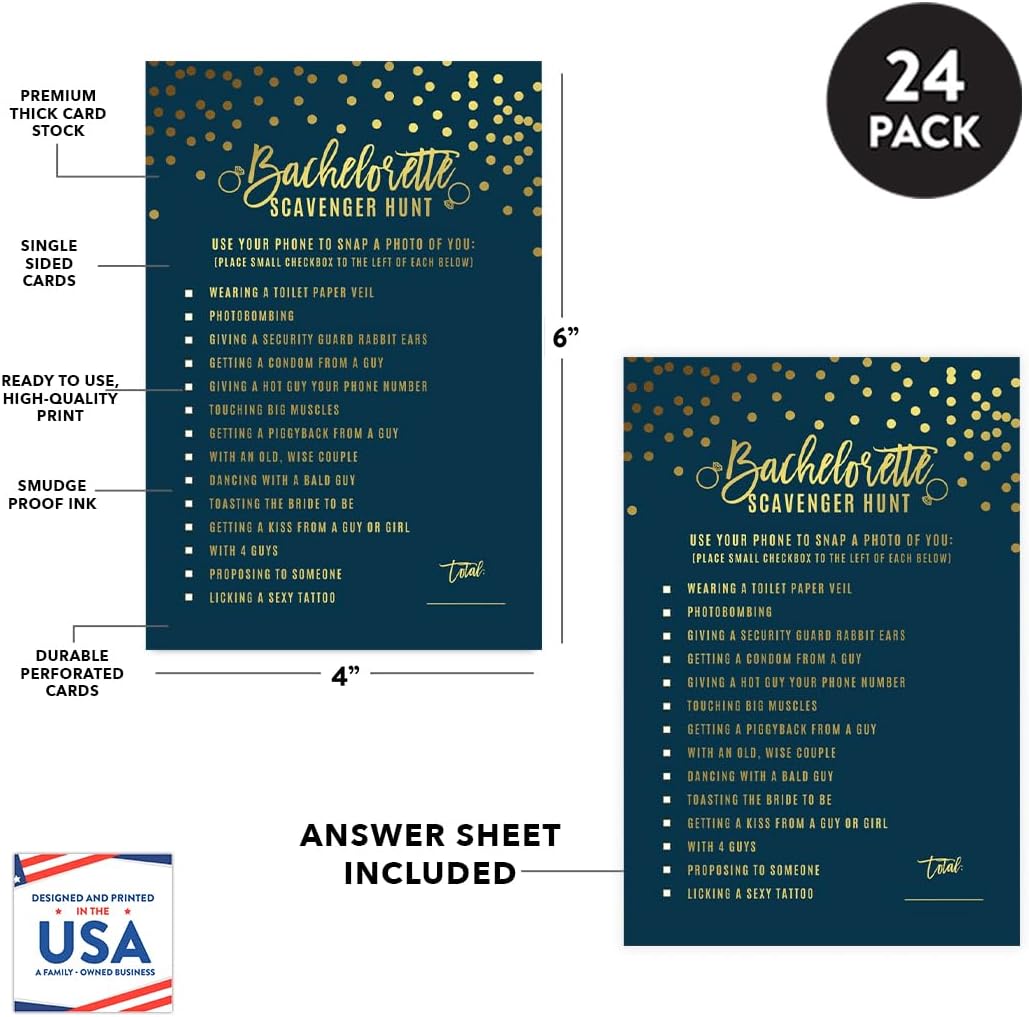 Andaz Press Navy Blue and Metallic Gold Confetti Polka Dots Bachelorette Party Bridal Shower Collection, Scavenger Hunt Game Cards, 20-Pack