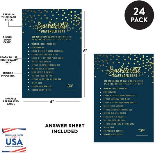Andaz Press Navy Blue and Metallic Gold Confetti Polka Dots Bachelorette Party Bridal Shower Collection, Scavenger Hunt Game Cards, 20-Pack
