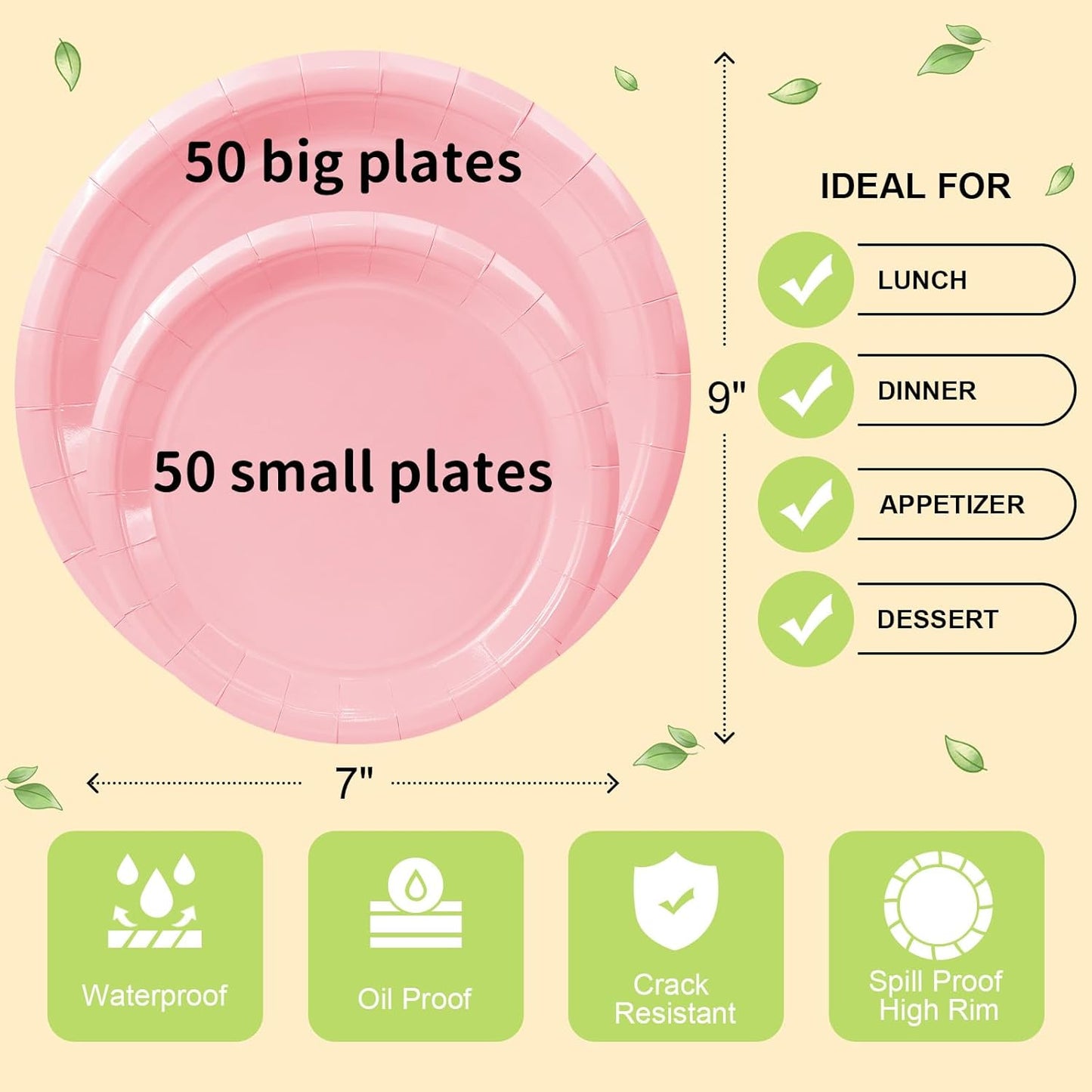 LANLISA 50 Pcs Pink Paper Plates Disposable, 25-9" & 25-7" Disposable Birthday Cake Dessert Plates For Valentines Day, Baby Shower, Easter Party, Mothers Day Party Supplies