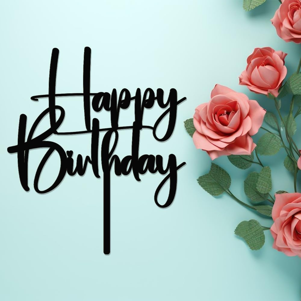 Happy Birthday Cake Topper,black Glitter Cake Pick Bunting Decor for Anniversary Birthday Party Cake Decorations Supplies