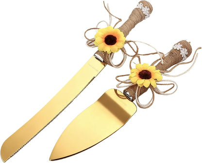 TANG SONG Rustic Style Stainless Steel Wedding Cake Knife and Serving Set Resin Plastic Handle with Artificial Green Leaf shape Design