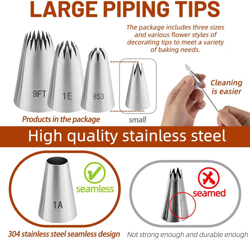 Large Piping Tips Set,9PCS Stainless Steel Unique versatile Large Cake Decorating Tips for Cupcakes,cookies,Cake Decorating