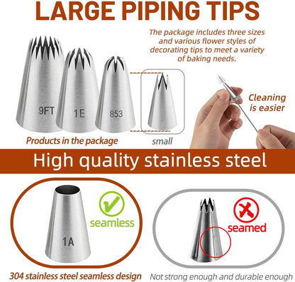 Large Piping Tips Set,9PCS Stainless Steel Unique versatile Large Cake Decorating Tips for Cupcakes,cookies,Cake Decorating