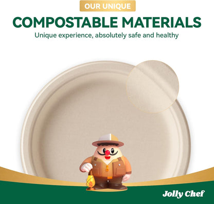 JOLLY CHEF Compostable Heavy Duty Plates 𝟭𝟬 𝗜𝗻𝗰𝗵 [𝟯𝟬𝟬 𝗣𝗮𝗰𝗸] Eco-Friendly Disposable Paper Plates Made of Bagasse Biodegradable Bulk for Party Dinner Sugarcane Thanksgiving Day (Natural)