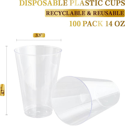 FOCUSLINE 100 Pack 14 oz Clear Plastic Cups, Disposable Cups Large Reusable Plastic Tumblers, Heavy-duty Clear Cups 14 Ounce for Wedding Party, Thanksgiving, Halloween, Christmas