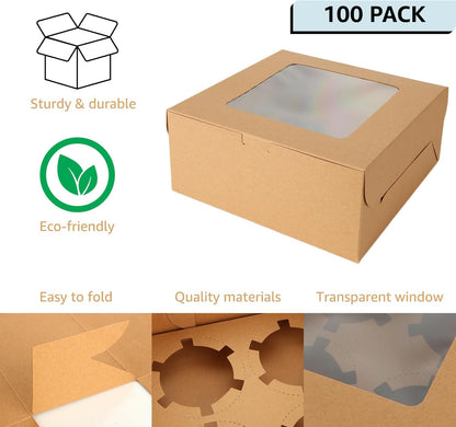 100 PCS Cupcake Boxes 4 Count Cupcake Containers Brown Kraft Paper Cupcake Boxes Treat Boxes with Insert 4 Cavity for Muffins Cookies Cupcakes Macarons Donuts（6x6x3 Inch）