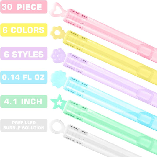 30 Pack Mini Bubble Wands(6 Style, 6 Colors), Bulk Bubble Party Favors, Goody Bags for Kid, Great Summer Outdoor Indoor Toys Gifts for Boy Girl, Valentine Christmas Party Supplies