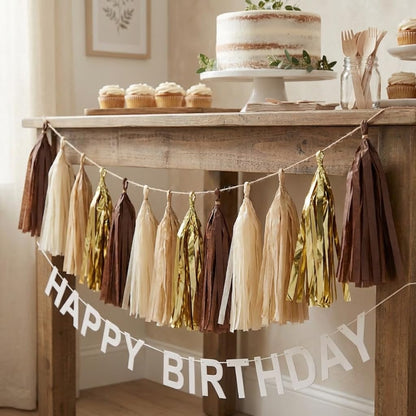 20-Pack Brown and Gold Party Decorations Tissue Tassel Garland Beige Nude Bunting Sign Streamers for Rustic Neutral Espresso Baby Shower Western Cowboy Birthday Graduation Bachelorette Wedding