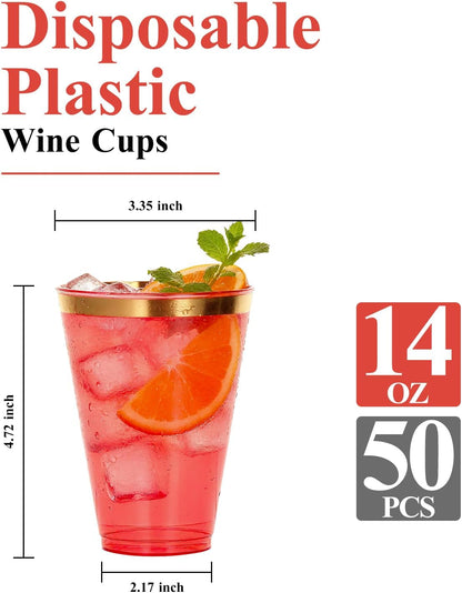 Goodluck 100PCS 9oz Gold Plastic Cups for Party, Disposable Gold Rim Cups, Plastic Cocktail Glasses for Wedding Thanksgiving, Christmas, and Parties