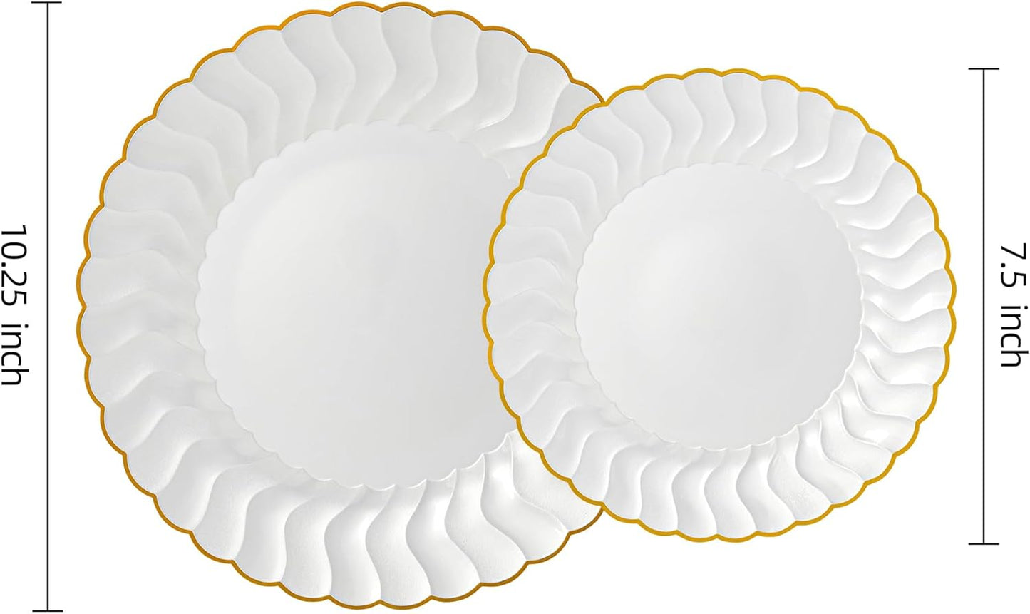 Lullaby 60PCS Ivory Scalloped Plastic Plates with Gold Rim, Disposable Elegant Plates Include 30pcs Dinner Plate 10.25", 30pcs Plastic Dessert Plate 7.5", Perfect for Wedding and Party